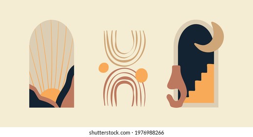 Modern minimalist abstract aesthetic illustrations. Bohemian style wall decor. Collection of contemporary artistic posters