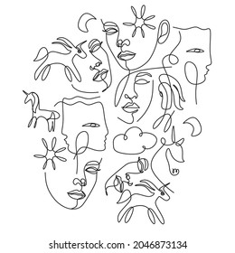 Modern minimalist abstract aesthetic illustrations. Woman face line drawing . Unicorn line art. Contemporary wall decor. Collection of creative artistic posters.