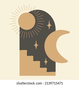 Modern minimalist abstract aesthetic illustrations. Bohemian style wall decor. Moroccan stairs, arch