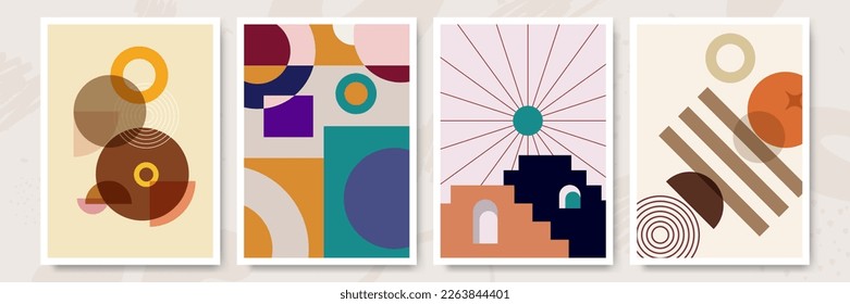 Modern minimalist abstract aesthetic illustrations. Bohemian style wall decor. Collection of contemporary artistic posters with geometric shapes.