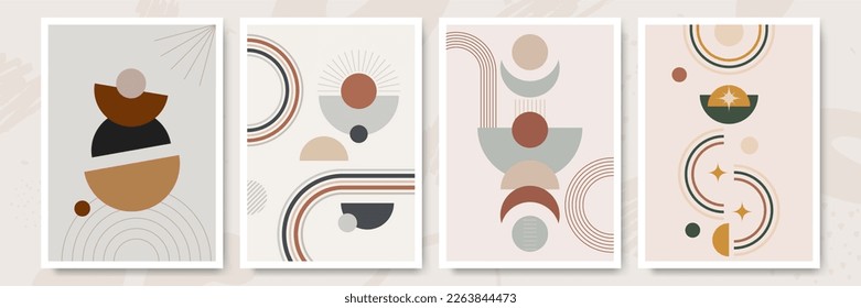 Ilustraciones estéticas abstractas minimalistas modernas con formas geométricas. Decoración contemporánea de las paredes. Colección de afiches artísticos creativos.