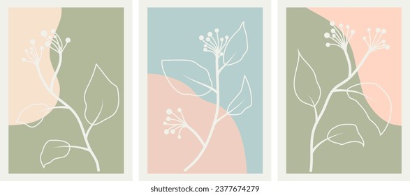 Modern minimalist abstract aesthetic illustrations with plants. Contemporary wall decor. Collection of creative artistic posters.	