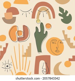 Modern minimalist abstract aesthetic pattern. Bohemian style. Fashionable template for design. Hand drawn pattern from various shapes and doodle objects