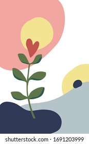 Modern minimalist abstract art print with plants, hearts and abstract shapes. Beautiful card with sprout of love. Printable minimal and natural wall art. Vector illustration in flat cartoon style.