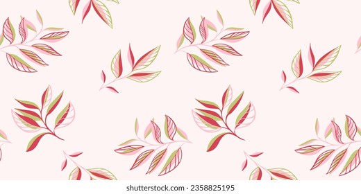 Modern minimalist abstract artistic seamless pattern of leaves. Vector hand drawn sketch leaf silhouettes on a light  background. Template for textile, fashion, print, surface design, paper, cover