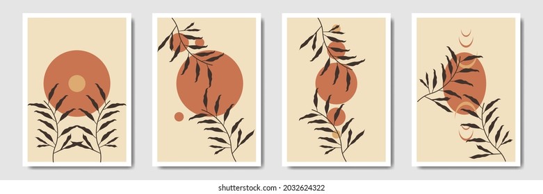 Modern minimalist abstract background, Tropical Foliage line art drawing with leaf abstract shape, Botanical wall art vector set, Minimal plant art for print, social media, cover, wallpaper.