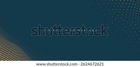  modern minimalist abstract background with wave-like tan-orange dotted pattern on dark teal-blue, accented by scattered gold dots