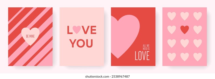 Design moderno minimalista abstrato de cartões Valentines Day conjunto. Modelos de conceito de amor simples para celebração com corações e tipografia. Planos de fundo modernos para impressão, cartão, cartaz, banner, anúncios, capa