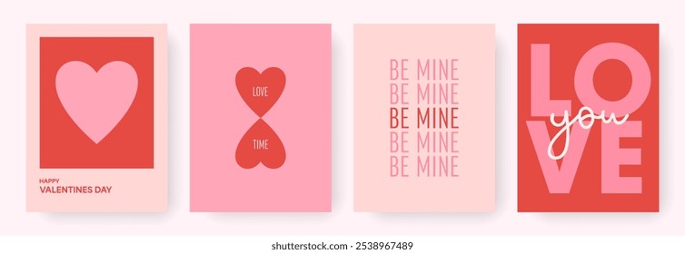 Design moderno minimalista abstrato de cartões Valentines Day conjunto. Modelos de conceito de amor simples para celebração com corações e tipografia. Planos de fundo modernos para impressão, cartão, convite, banner, capa