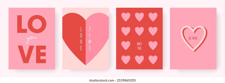 Design moderno minimalista abstrato de cartões Valentines Day conjunto. Modelos de conceito de amor simples para celebração com corações e tipografia. Planos de fundo modernos para impressão, cartão, convite, banner, capa