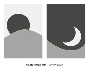 modern minimalist abstract illustration. day and night posters. Natural abstract landscape background. sun, sky, mountains and moon.