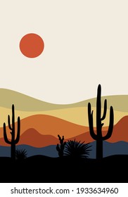 Modern Minimalist Abstract Illustration. Natural Abstract Landscape Background. Sun, Sky, Desert And Cactus