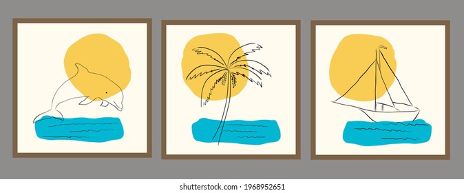 Modern minimalist abstract marine illustrations for the poster. Drawings depicting the sea, palm trees, a ship, a dolphin. Design of postcards and stories in social networks.