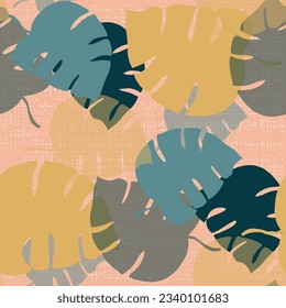 Modern minimalist abstract monstera leaves illustration pattern. Creative collage contemporary seamless pattern. Fashionable template for design. Bohemian style.