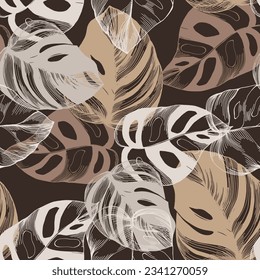 Modern minimalist abstract monstera leaves illustration pattern. Creative collage contemporary seamless pattern. Fashionable template for design. Bohemian style.