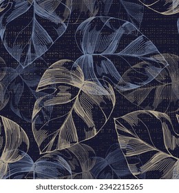 Modern minimalist abstract monstera leaves illustration pattern. Creative collage contemporary seamless pattern. Fashionable template for design. Bohemian style.