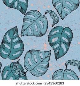 Modern minimalist abstract monstera leaves illustration pattern. Creative collage contemporary seamless pattern. Fashionable template for design. Bohemian style.