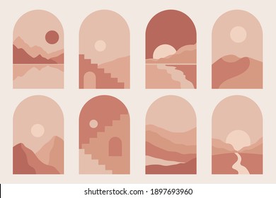 Modern minimalist abstract mountain landscapes aesthetic illustrations. Bohemian style wall decor. Collection of contemporary artistic prints	