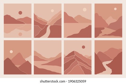 Modern minimalist abstract mountain landscapes aesthetic illustrations. Bohemian style wall decor. Collection of contemporary artistic prints