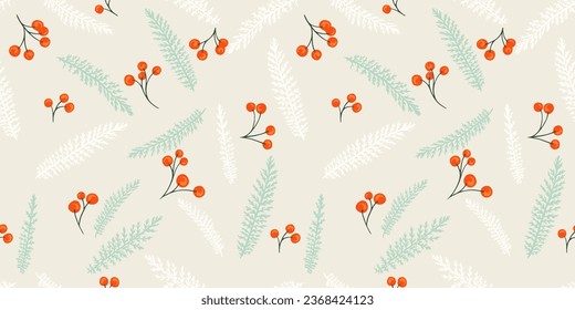 Modern, minimalist, abstract pattern with gently branches and berry. Vector hand drawn. Template for textile, surface design, paper, cover, fabric, interior decor, fabric, wallpaper