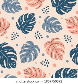 Modern minimalist abstract seamless pattern with tropical leaves monstera and doodle shapes. Creative contemporary design. Vector illustration