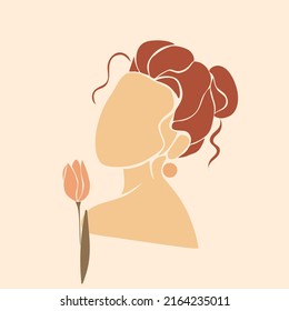 Modern minimalist abstract woman portrait. Bohemian style  aesthetic wall decor. Poster for hair stylist beauty salon.