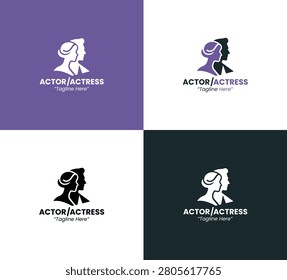 A modern minimalist actor and actress logo in purple tones designed to represent cinematic collaboration for profession branding and entertainment identity.