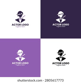 A modern minimalist actor logo in light and dark purple tones designed for profession branding and performing arts identity applications.