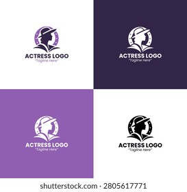 A modern minimalist actress logo in purple tones designed for profession branding and cinematic performing arts identity.