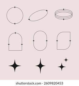 Modern minimalist aesthetic arch line elements, trendy linear frames with stars, geometric design.