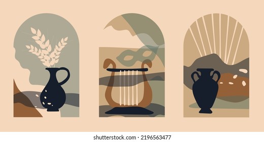 Modern Minimalist Greek Abstract Aesthetic Illustrations. Vases, Harp, Mask, Landscape, Plants, . Bohemian Style Wall Decor. Collection of Contemporary Artistic Posters.
