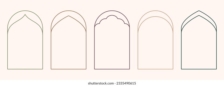 Modern minimalist aesthetic line arch frames in trendy boho style. Modern Y2K vector design outline elements - geometric form for banner, social media, poster. Shape Islamic door and window silhouette