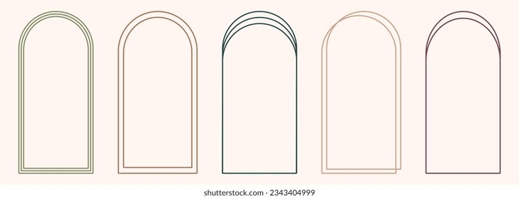 Modern minimalist aesthetic line arch frames in trendy boho style. Modern Y2K vector design outline elements - geometric form for banner, social media, poster. Shape Islamic door and window silhouette