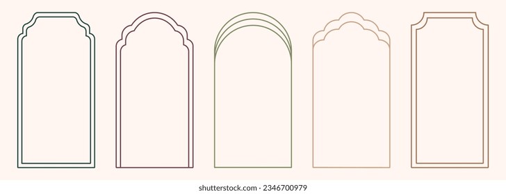 Modern minimalist aesthetic line arch frames in trendy boho style. Modern Y2K vector design outline elements - geometric form for banner, social media, poster. Shape Islamic door and window silhouette