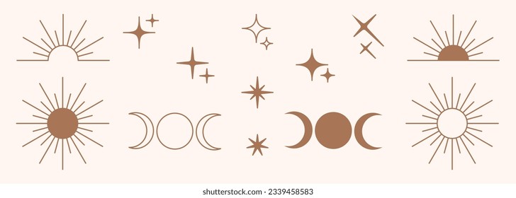 Moderna línea estética minimalista con un estilo boho moderno. Elementos de esquema de diseño de vector lineal y de silueta del Y2K moderno - forma geométrica sol, luna, estrella, brillo, para banner, medios sociales