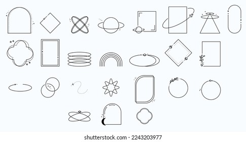 Modern minimalist aesthetic line elements, trendy linear frames with stars, geometric forms. Arch frame with sparkles for social media or poster design, simple decorative boho style border vector set