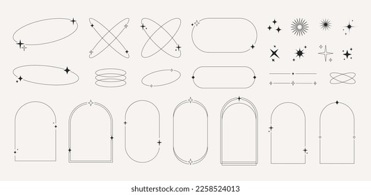 Modern minimalist aesthetic line elements, trendy linear frames with stars, arch frames, geometric forms. Decorative set of vector frames in boho style. - Shutterstock ID 2258524013