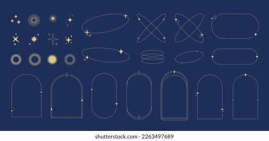 Modern minimalist aesthetic line elements, trendy linear frames with stars, arch frames, geometric forms. Decorative set of vector frames in boho style.