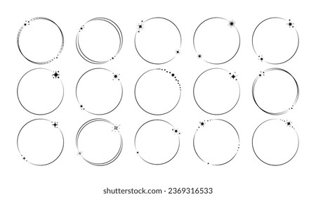 Moderne minimalistische ästhetische Linienelemente, trendige y2k Linearrahmen mit Sternen. Star Circle Set. Vektorgrafik.