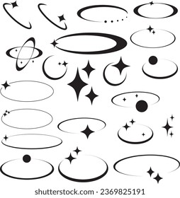 Modern minimalist aesthetic line elements on fluid gradient background, trendy linear frames with stars, geometric forms. Arch frame with sparkles for social media, simple decorative border vector set