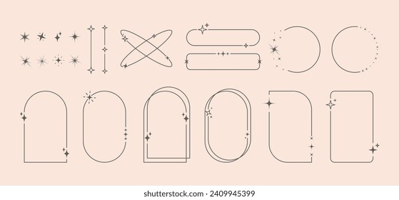 Modern minimalist aesthetic line elements set. Linear geometric frames with stars. 