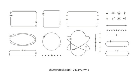 Modern minimalist aesthetic line elements set. Linear geometric frames and borders with stars. 