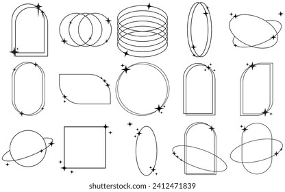 Modern minimalist aesthetic line elements, trendy linear frames with stars, geometric forms.line ornament y2k arch element, vector minimal decoration retro border geometry kit.