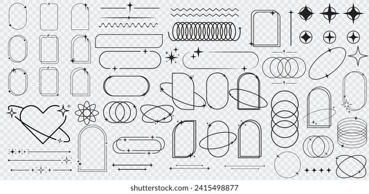 Modernos elementos estéticos minimalistas, marcos lineales a la moda con estrellas, formas geométricas. Marco de arco con destellos para medios sociales o diseño de afiches, simple decoración de estilo boho conjunto de vectores de borde 