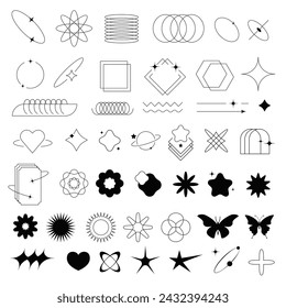 Modern minimalist aesthetic line elements, heart and butterflies. Trendy linear and arch frames with sparkles in different geometric forms. Boho design. Simple decorative borders. Vector in flat style