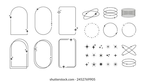 Modern minimalist aesthetic line elements set. Linear geometric frames and forms with stars.