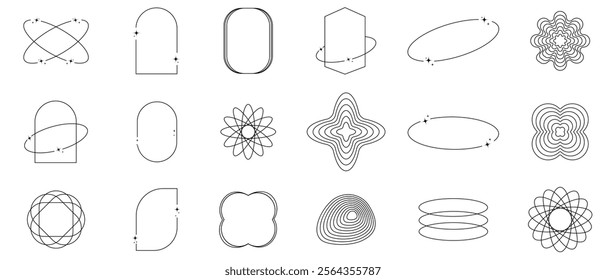 Modern minimalist aesthetic line elements, Y2K element, Brutalism collection. Trendy linear Arch frames with stars, geometric forms, modern vector set in boho style. Vector illustration.