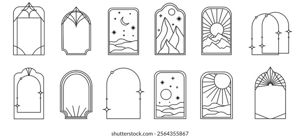 Modern minimalist aesthetic line elements, Brutalism, Y2K element, collection. Trendy linear Arch frames with stars, geometric forms, modern vector set in boho style. Vector illustration.