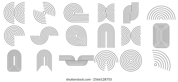 Modern minimalist aesthetic line elements,  Brutalism, Trendy linear frames, geometric forms, modern vector set in boho style. Y2K element, collection. Vector illustration.