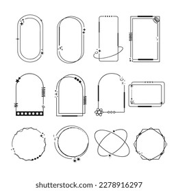 Modern minimalist aesthetic line frame elements, trendy linear frames with stars, geometric forms. Arch frame with sparkles for social media or poster design, simple decorative frame with boho style